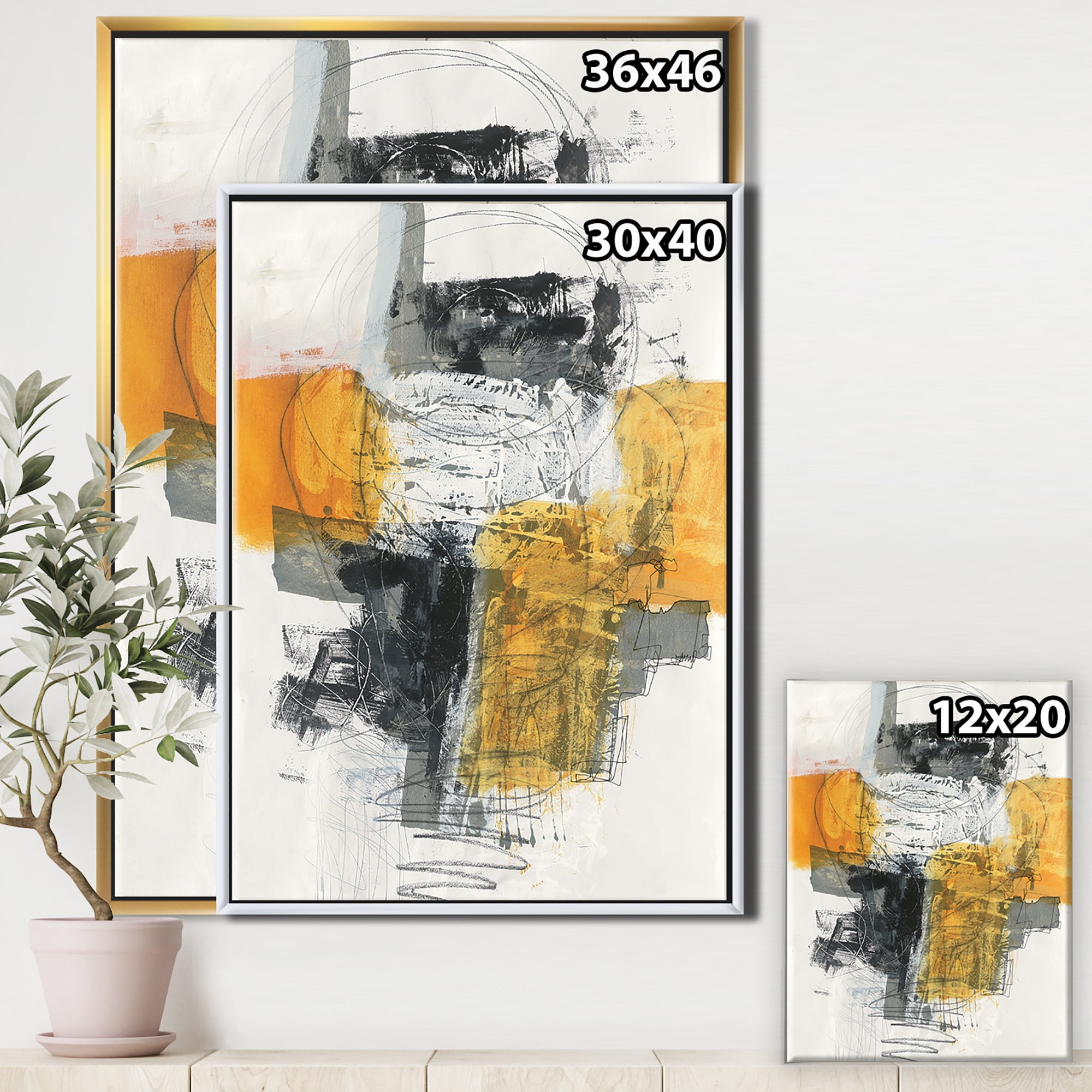 Designart ' Abstract Composition of Glamorous Yellow and Black ' Contemporary Framed Canvas