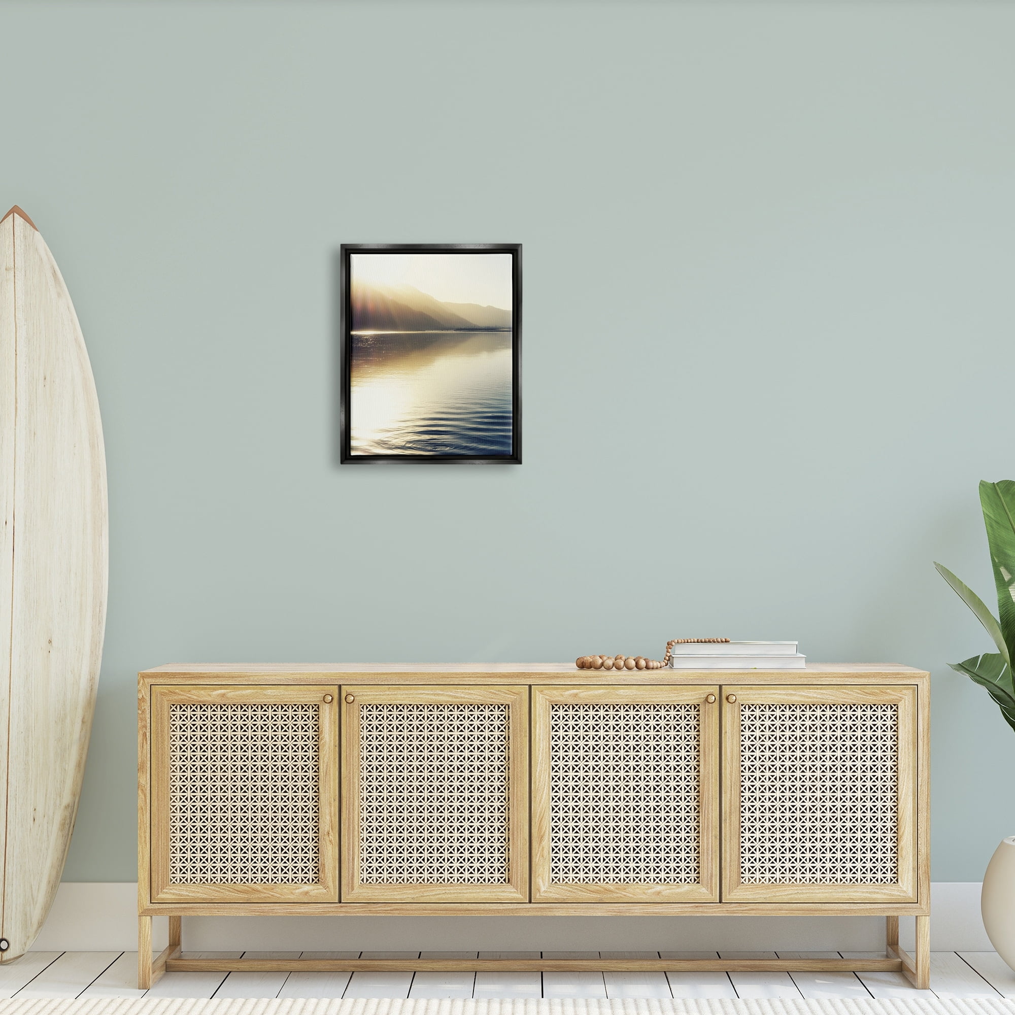 Stupell Industries Quiet Mountain Lake Water Ripples Sunrise Rays Photograph Jet Black Floating Framed Canvas Print Wall Art, Design by Savanah Plank