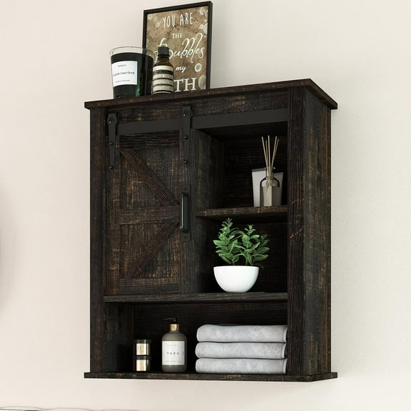 DEXS Wall Cabinet Farmhouse Over The Toilet Storage with Sliding Barn Door Rustic Medicine Cabinet for Bathroom and Kitchen.Black