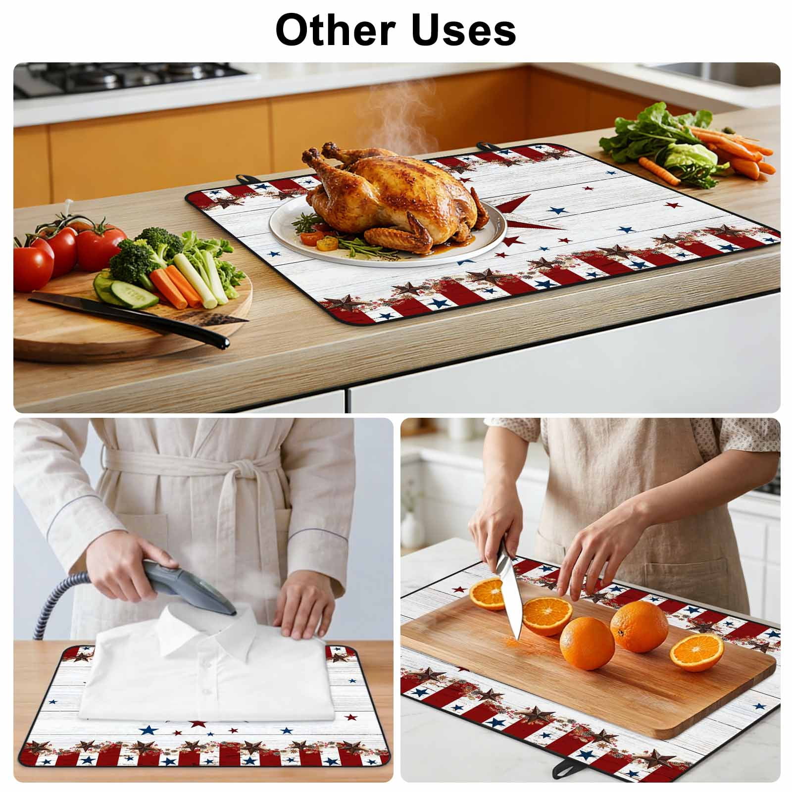 Independence Day Stove Top Cover for Electric Stove, Heat-proof & Non Slip Glass Top Stove Cover Protector, USA Flag Star Wooden Grain Striped Kitchen Flat Cooktop Rubber Mat 24x21 Inches