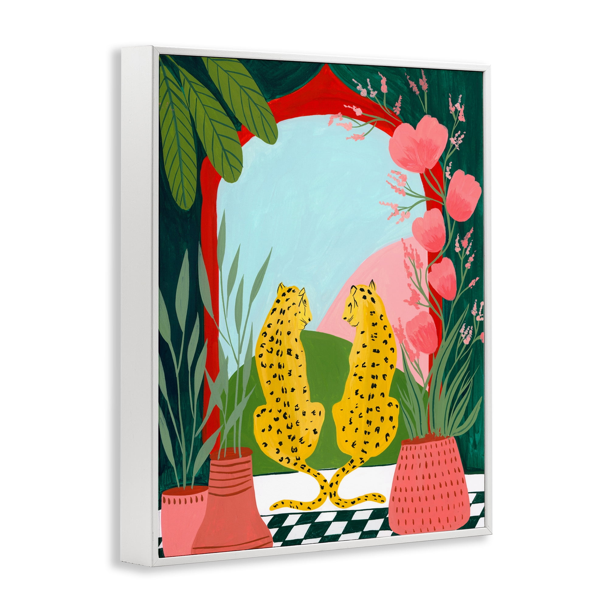 Twin Leopard & Plants White Framed Giclee Art, design by Nabeela Rumi