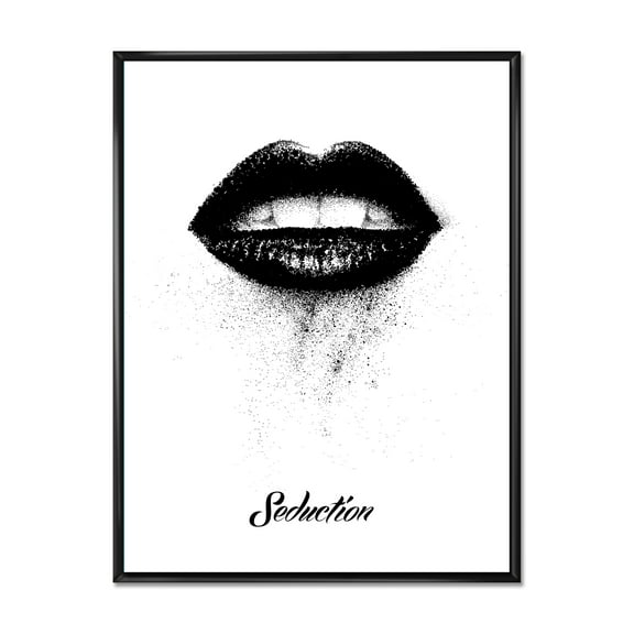 Designart 'Monochrome Black Female Lips' Modern Framed Canvas Wall Art Print
