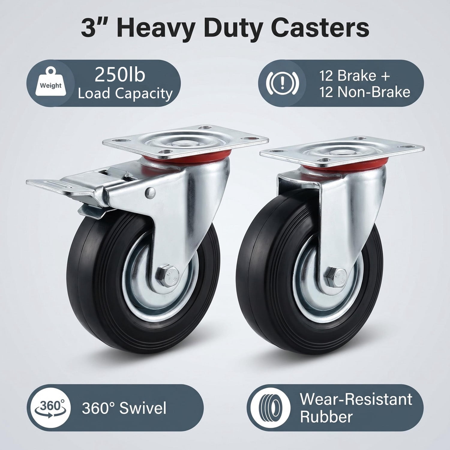 24 Pack 3" Swivel Caster Wheels (12 without Brakes & 12 with Brakes) Top Plate, Heavy Duty Rubber Wheels, Smooth Ball Bearings, Quiet Rolling Casters for Furniture, Carts, Workbench, Industrial Use