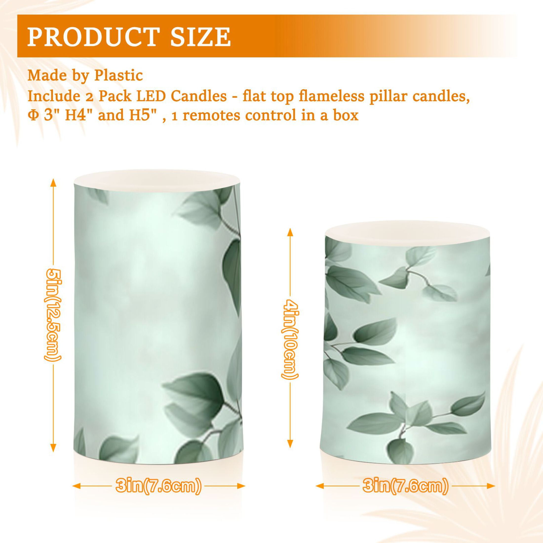 Watercolor Green Leaf Flickering Flameless Candles Battery Operated with Remote Timer LED Pillar Candles Set of 2