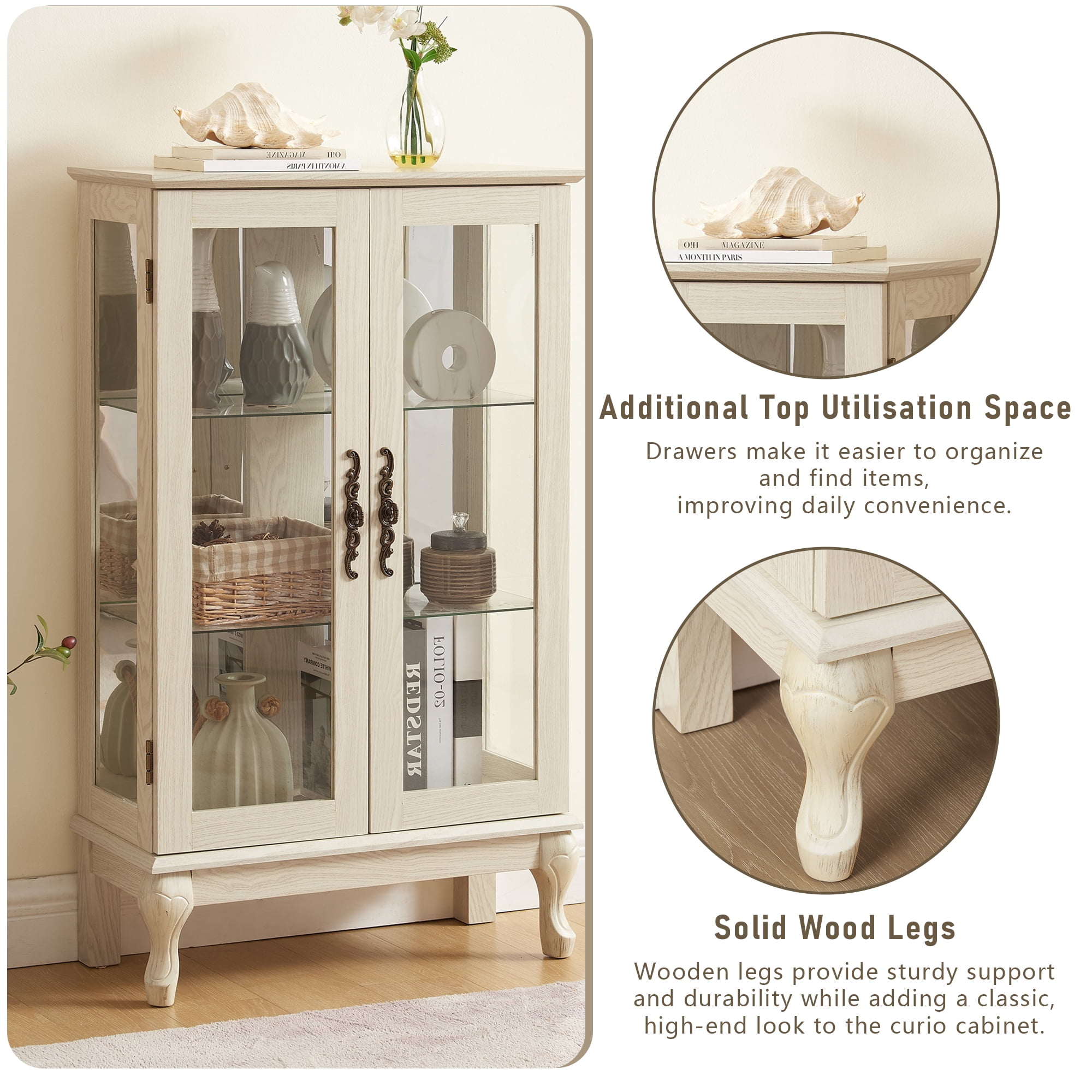 Miniyam Curio Display Cabinet with Light, Tempered Glass Doors, Adjustable Shelves, White