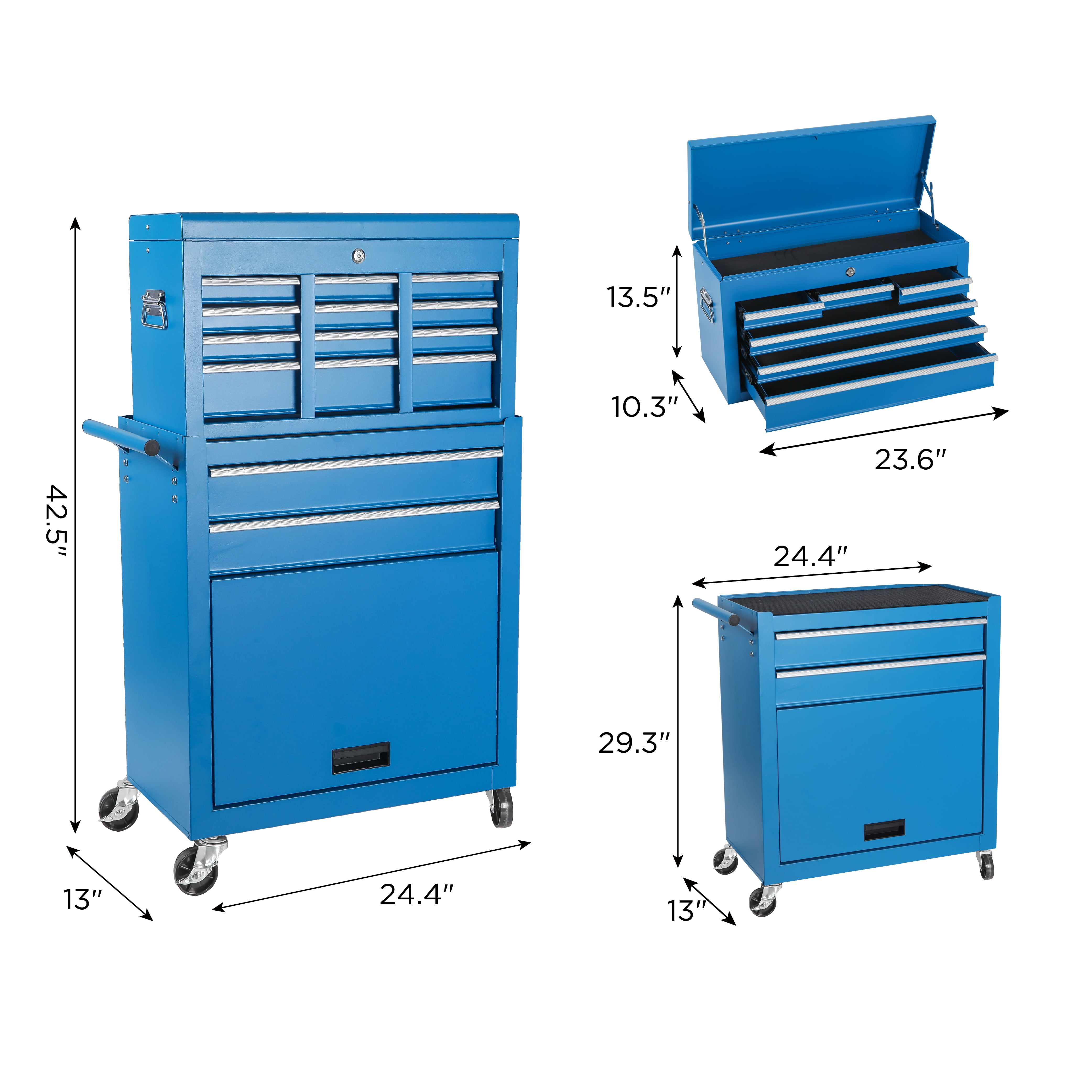 8-Drawer Rolling Tool Chest,Metal Tool Storage Cabinet with Detachable 2-in-1 Top Tool Box,Lockable Casters, Side Hooks, Lockable Drawers with Liners, Mobile Tool Cart for Garage, Workshop,Blue
