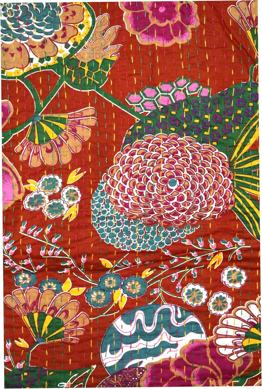 Indian Handmade Floral Print Kantha Quilt, Bedspread , Blanket Size ( King 108" x 108" )