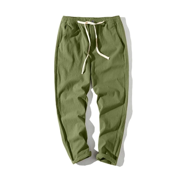 WRKEKC Mens Cotton Drawstring Casual Solid Color Washed Straight Leg Outdoor Cropped Pants Long Trousers for Daily Fashion