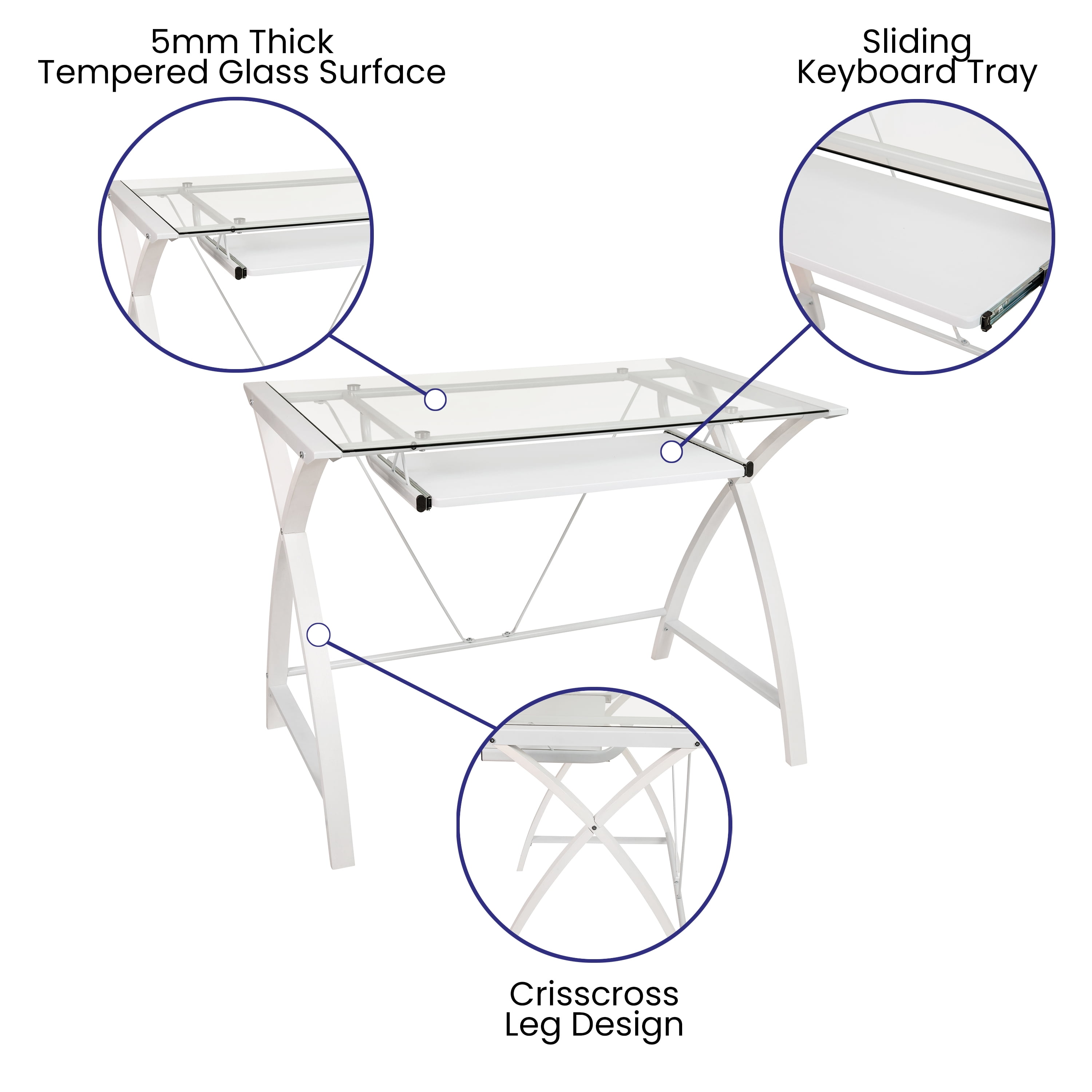 Emma + Oliver Clear Glass Computer Desk-White Pull-Out Keyboard Tray & White Crisscross Frame