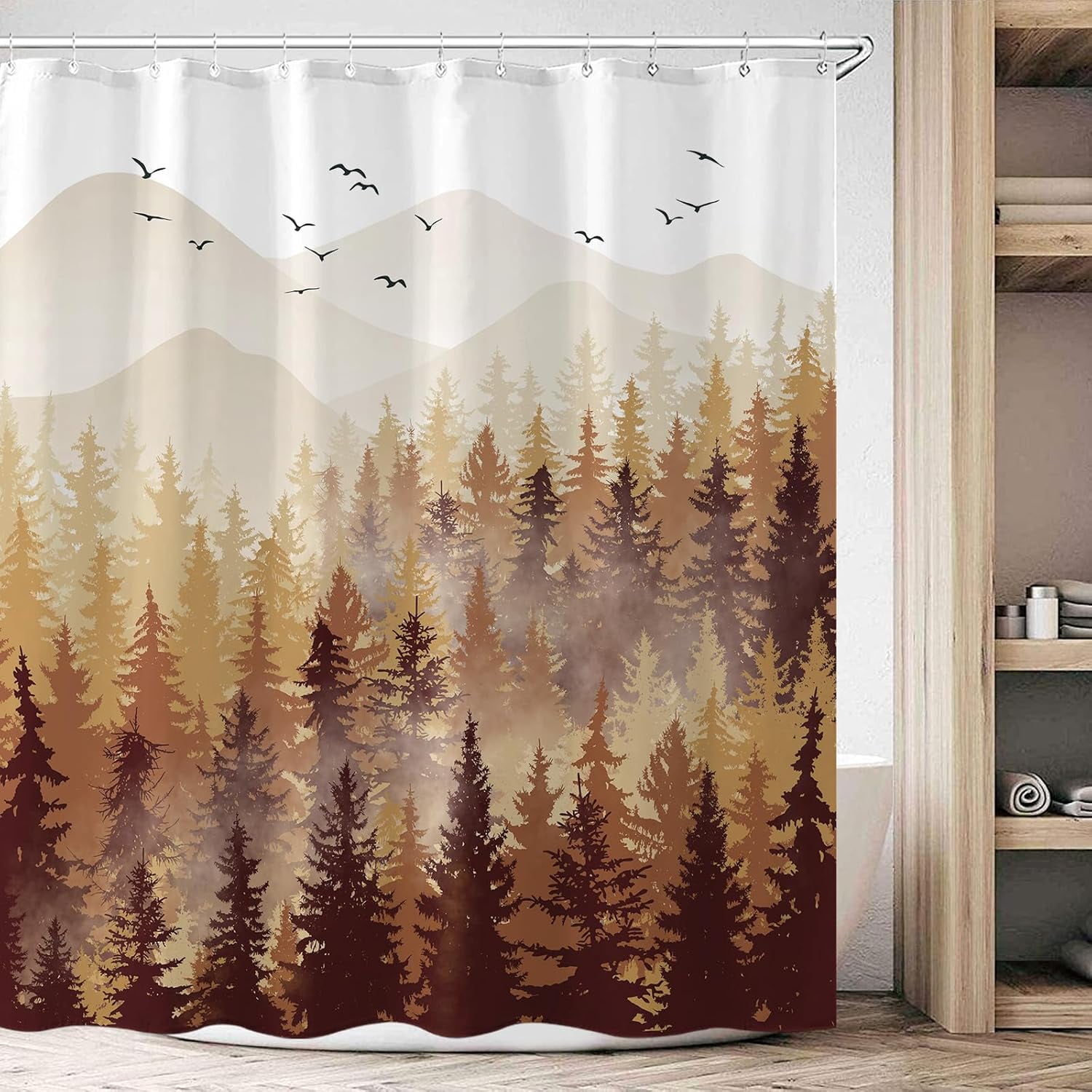 Fall Brown Yellow Misty Forest Shower Curtain Ombre Autumn Nature Foggy Tree Waterproof Fabric Shower Curtains for Bathroom Mountain Woodland Decorative Bath Curtain Decor (72'''' × 72'''')