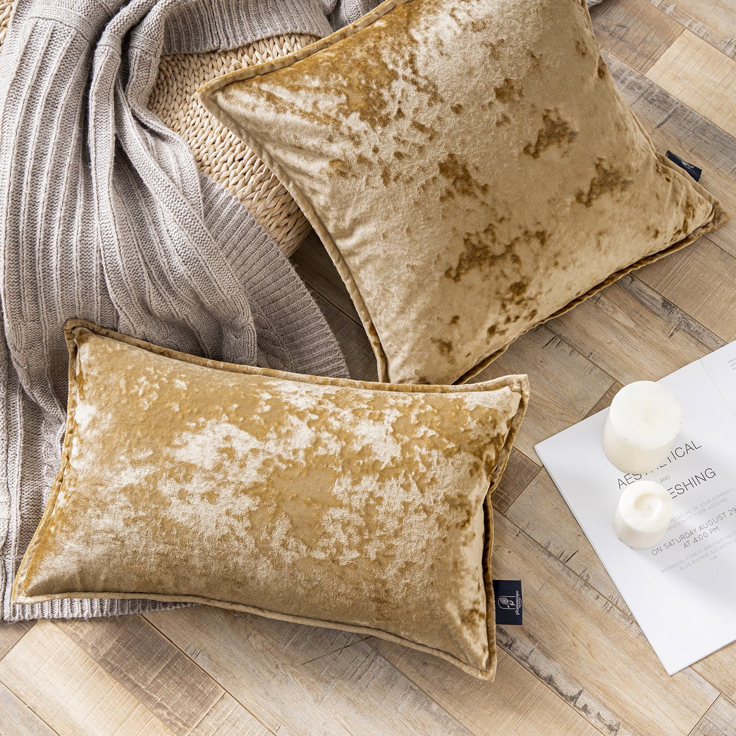 Phantoscope Patterned Velvet Tailored Edge Decorative Throw Pillow, 18" x 18", Light Brown, 2 Pack