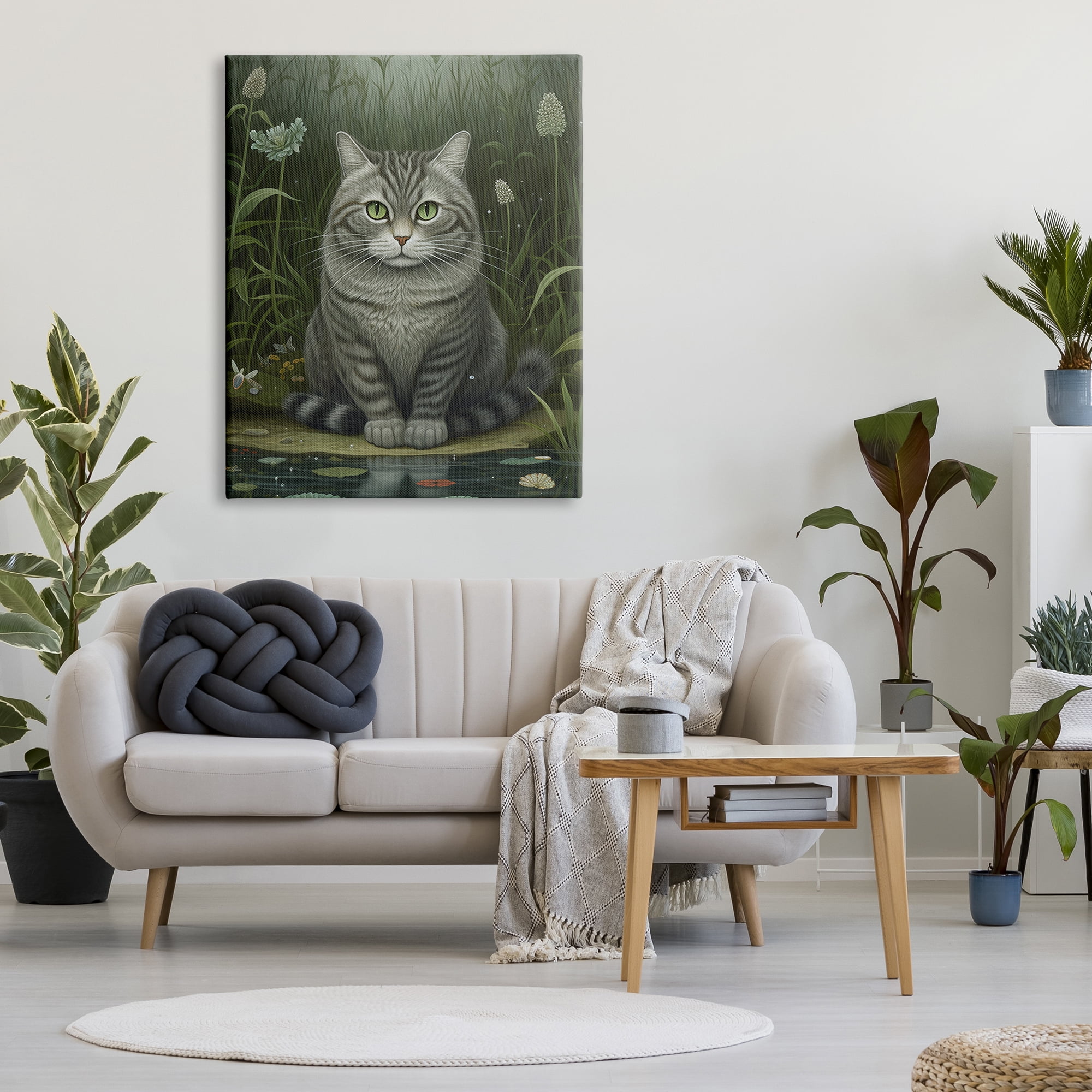 Stupell Industries Cat & Pond Lilies Animals & Insects Painting Gallery Wrapped Canvas Print Wall Art, 36 x 48