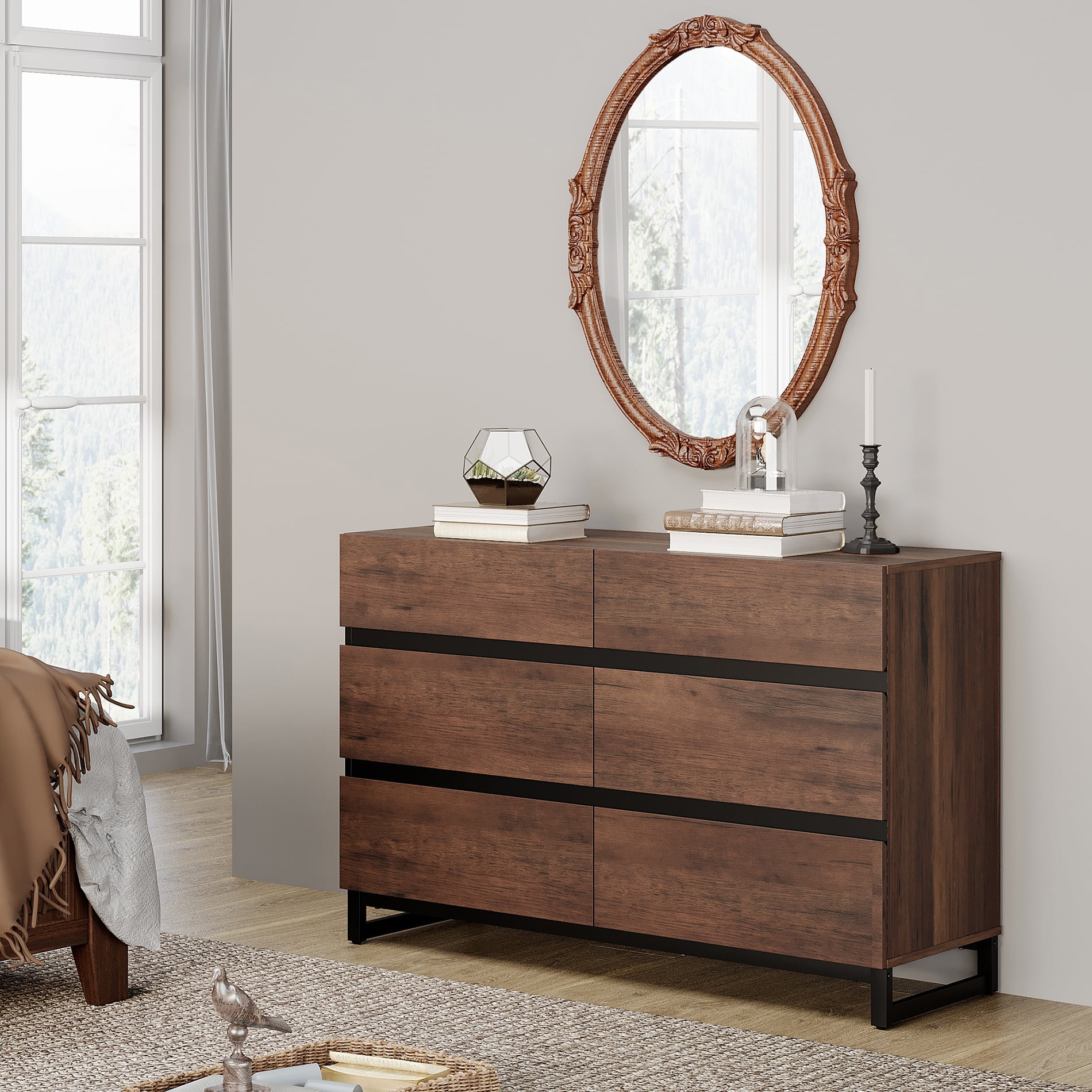WAMPAT Modern 6-Drawer Dresser, Wooden Chest of Drawers with Concealed Handles and Sturdy Metal Base, Multifunctional Closet Storage Organizer for Bedroom Living Room, Brown