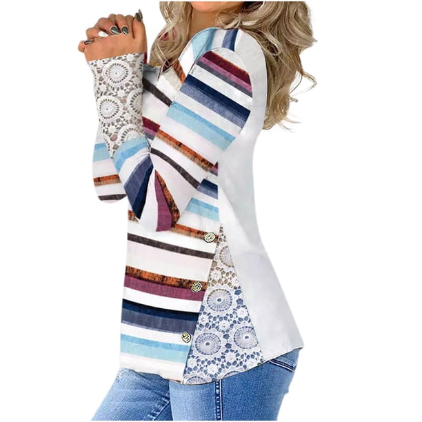 Blusa cómoda de manga larga con cuello en V y estampado a rayas para mujer Fridja FKASFK4912