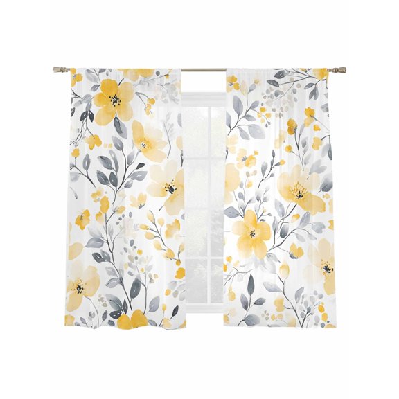 Country Style Sheer Curtains 2 Panels Set Yellow Flowers Gray Leaf Floral Sheer Window Curtains Light Filtering Rod Pocket Voile Drapes for Bedroom Living Room 52"X72"