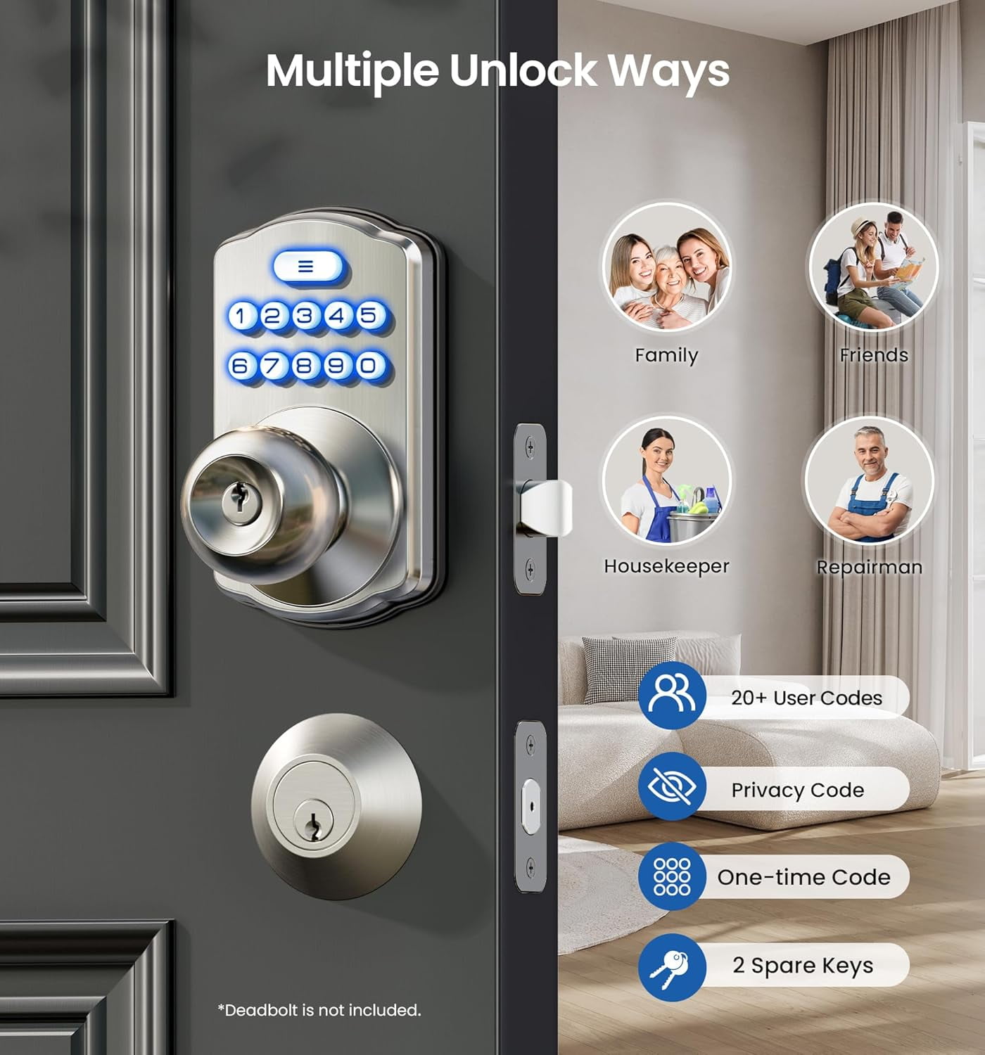 Veise Keypad Door Knob Lock, Keyless Entry Digital Lock for Front Door & Bedroom, Aluminum Metal Satin Nickel