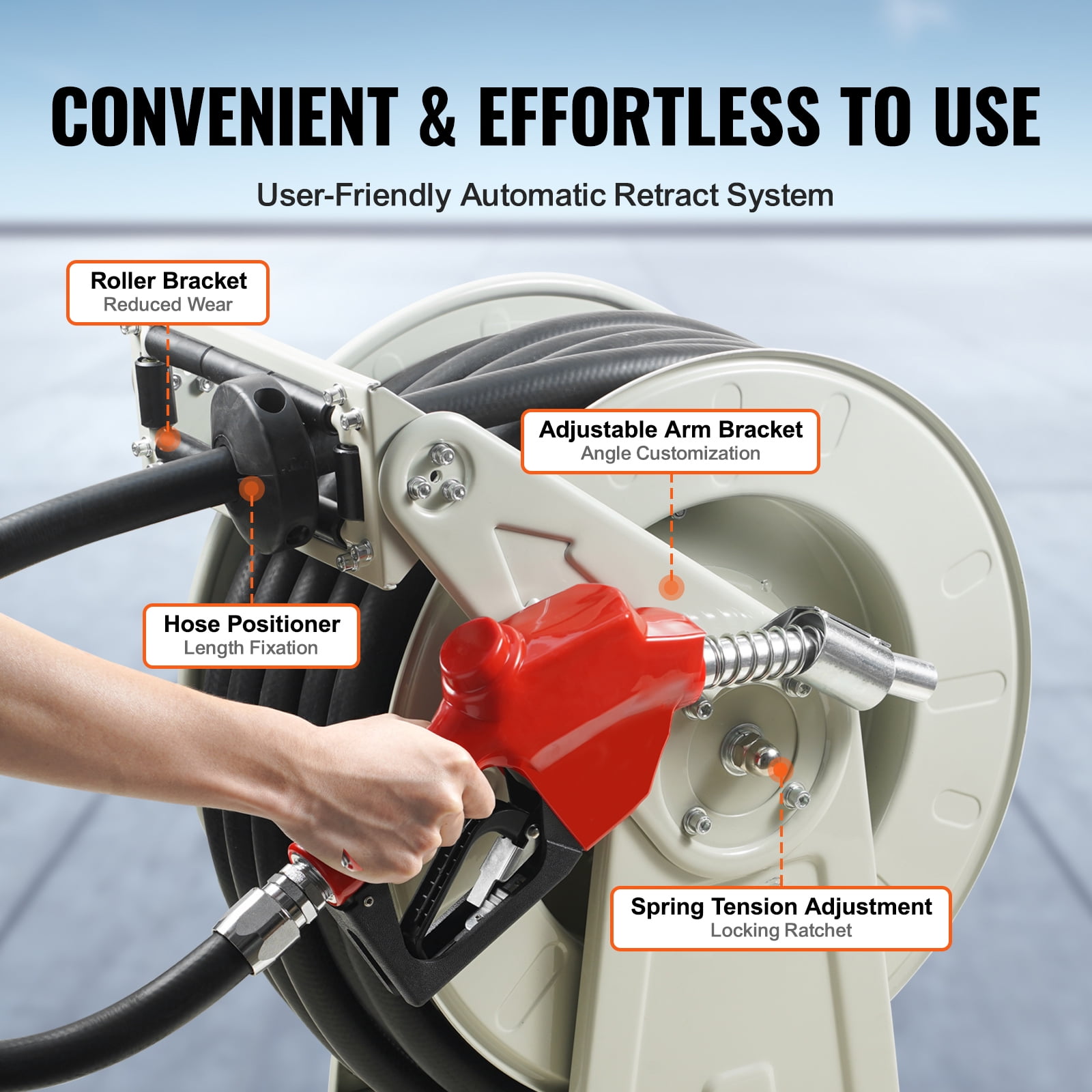 VEVOR Fuel Hose Reel Retractable Diesel Hose Reel 3/4" x 66' Auto Fueling Nozzle