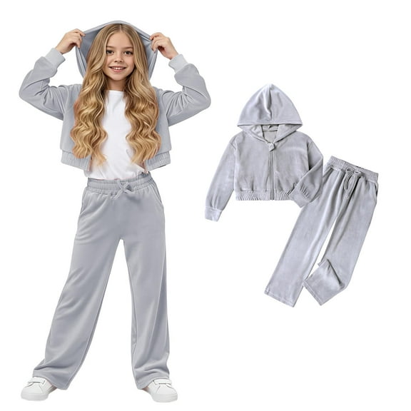 Girls Activewear Sets Velour Grey Track Suit Zipper Cropped Hoodies and Sweatpants Set Girls Sweatsuits Size 9-10 Years