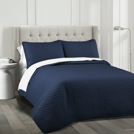 Lush Decor Ava Diamond Minimalist Modern Solid Cotton Lightweight Oversized Quilt, King, Navy, 2-3 Piece Set
