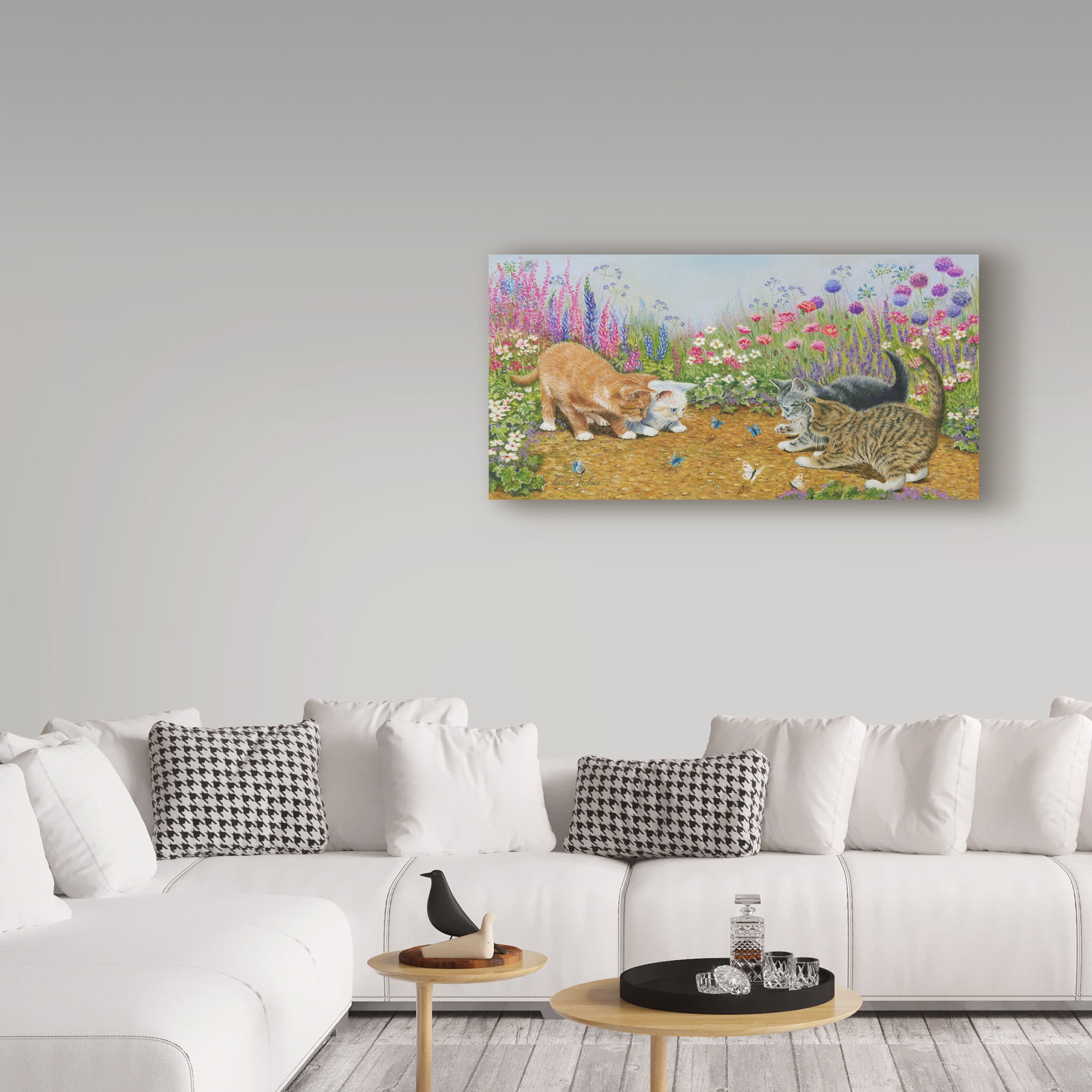 Trademark Fine Art 'Kittens And Butterflies Garden' Canvas Art by Janet Pidoux