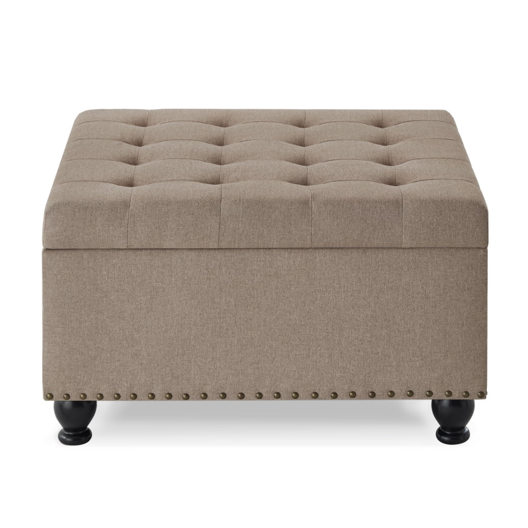 Ottoman with Storage, Large Square Coffee Table with Wooden Legs, Upholstered Button Tufted Storage Ottoman, Coffee Tables with Nail Trims for Living Room Bed Room Apartment, Linen
