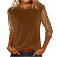 thumbnail image 2 of Olyvenn 3/4 Long Sleeve Mesh Velvet Shirts for Women Dressy Loose Crewneck Office Blouses Elegant Business Casual Party Tops Khaki M, 2 of 5