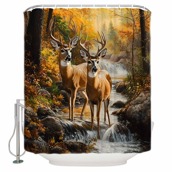 Orange Autumn Deer Shower Curtains for Bathroom Waterproof Fabric Bath Curtains Decor Bath Tub Curtain Vintage Forest River Decorative Shower Curtain Sets with 12 Hooks, 72x72 Inch