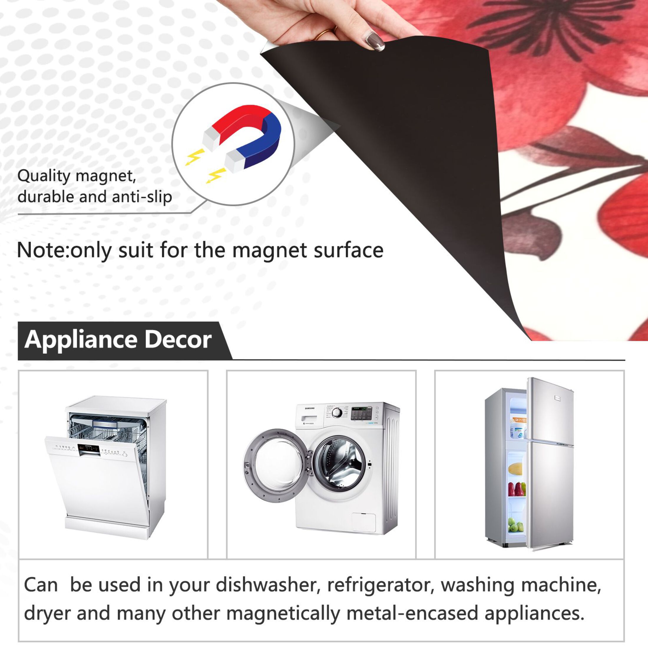 Dishwasher Magnetic Sticker 23x26 Inch Refrigerator Magnetic Sticker Washing Machine Magnetic Sticker Kitchen Panel Magnetic Sticker Home Decor Cartoon Red Flowers