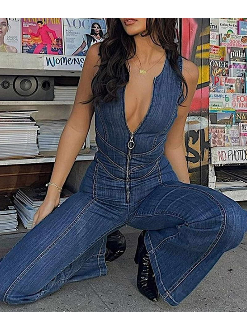 xxxiticat Women's Denim Jumpsuit with Heart Cutout Back Front Zip