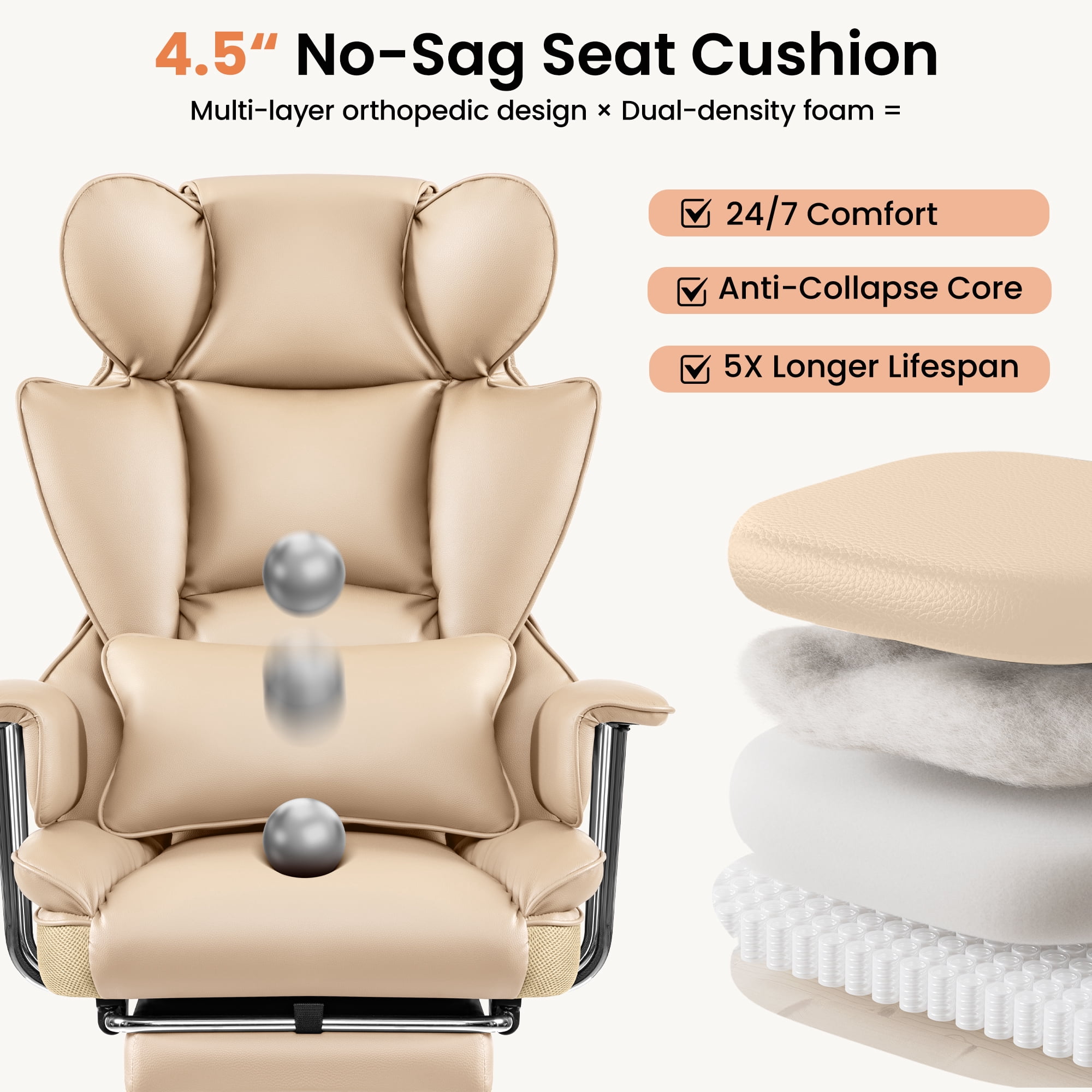 Primy High Back Office Chair, Big and Tall PU Leather Executive Chair with Footrest – Ergonomic Reclining Computer Desk Chair, High-Density Foam, Heavy Duty Swivel Rolling Chair, Khaki