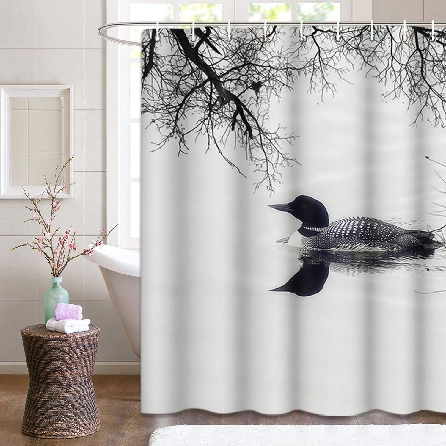 Shower Curtain Water Black and White Loon Lake Cottage Bird 72"x72" Home Decor Waterproof Bath Bathroom Curtain Set with Hooks