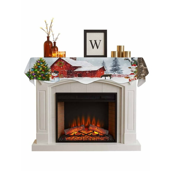 Farm Christmas Fireplace Mantle Scarf, Xmas Trees Cow Snowflake Wooden Winter Mantel Cover Table Runner for Home Living Room Door Window, Indoor Outdoor Holiday Party Decor 17" x 70"