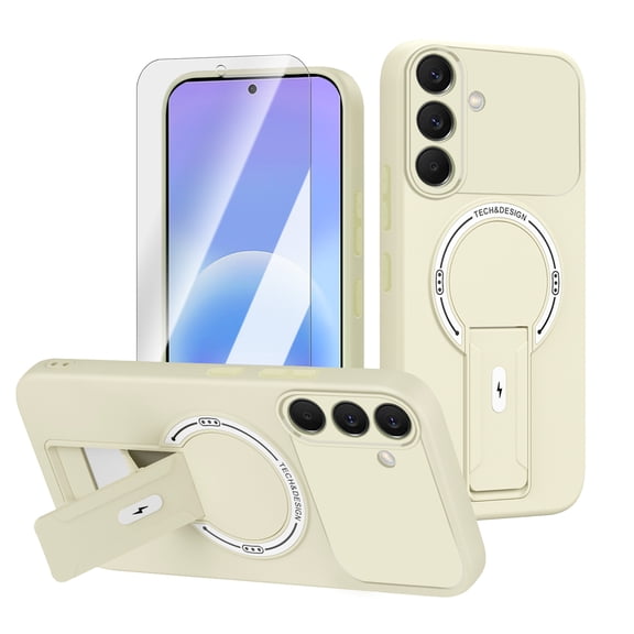 ELEHOLD Magnetic Case for Samsung Galaxy A17 5G, Shockproof Military Grade Case with Kickstand, Screen Protector Included,Beige