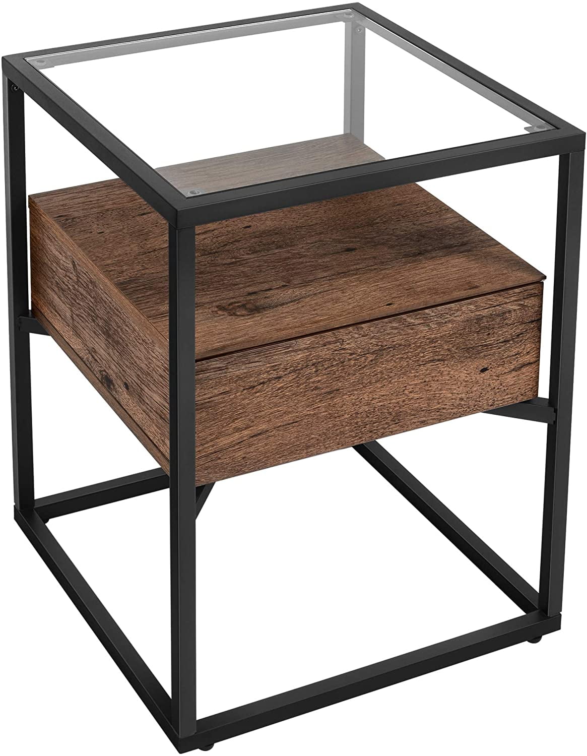 Rustic Brown and Black LET03BX Lounge VASAGLE End Table Stable Steel Frame Tempered Glass Side Table Nightstand with Storage Shelf Accent Furniture in Living Room Industrial
