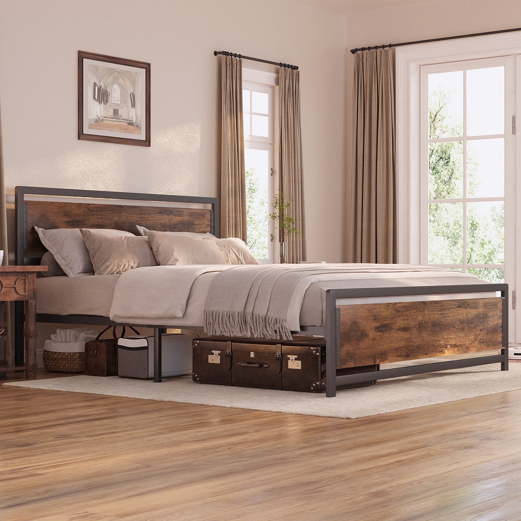 Asofer Full Metal Platform Bed Frame with Wooden Headboard, Large Underbed Storage, Brown