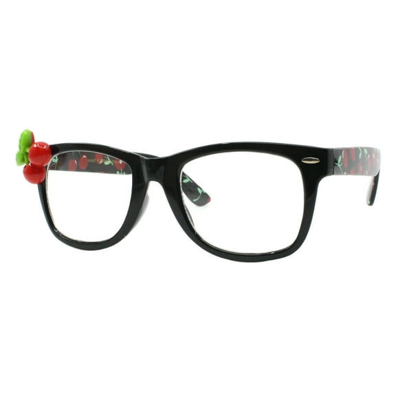 Cherry Embellished Clear Lens Glasses Black Square Frame UV 400