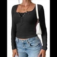 thumbnail image 1 of Blusas de Larga para Mujer, de Punto Acanalado Henley, con Botones y Corte Ajustado, Blusas Básicas Informales de Otoño 2025. Negro M, 1 of 10
