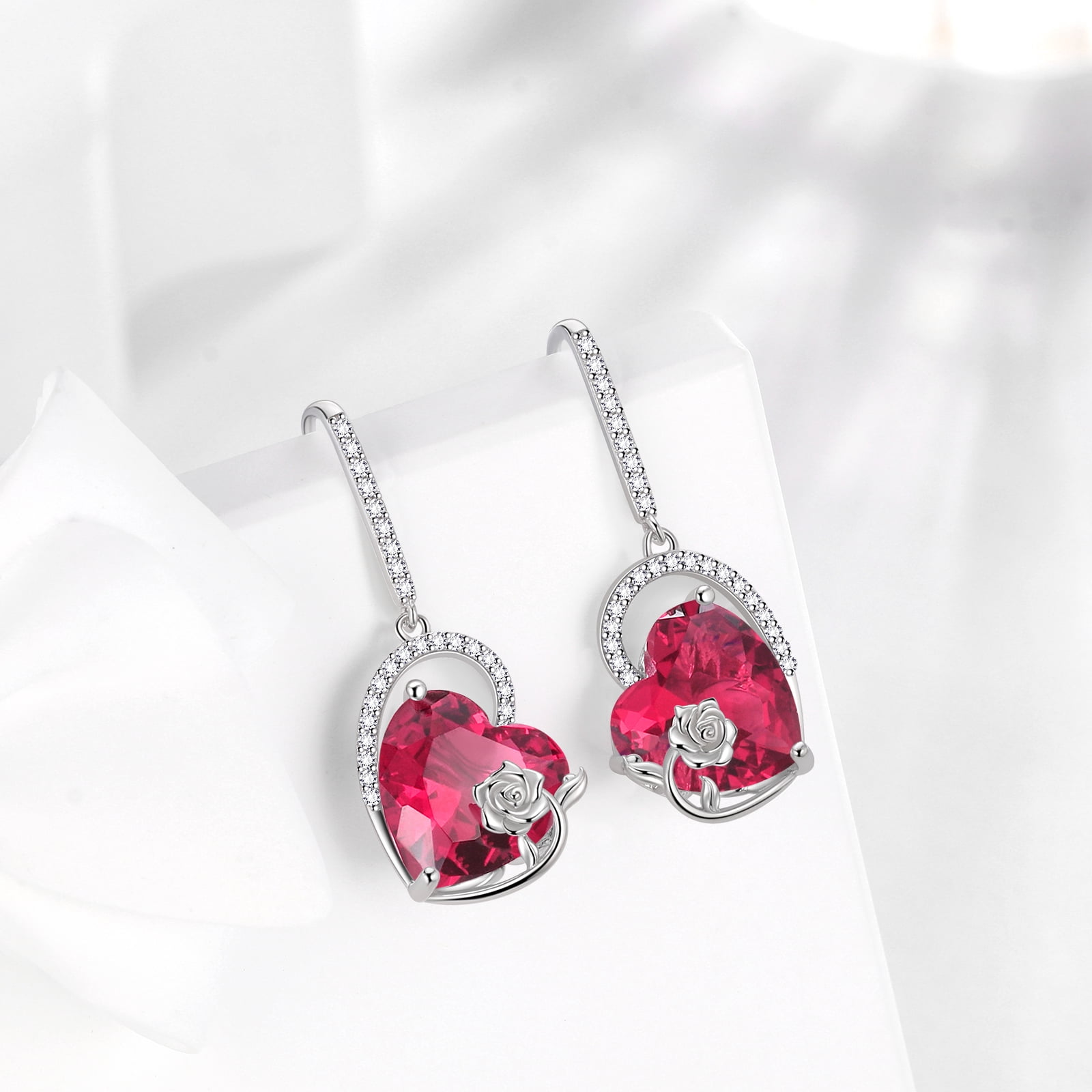 Juwaliy 925 Sterling Silver Earrings Women Heart July Birthstone Hook Dangle Earrings Ruby Red Rose Jewelry Mother Christmas Valentine's Day Gift