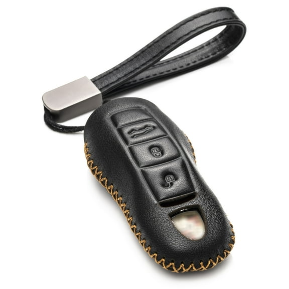 Vitodeco Genuine Leather Smart Key Fob Case with Leather Key Strap Compatible for Porsche 718, Porsche 911, Porsche Panamera, Porsche Cayenne (3-Button, Black)