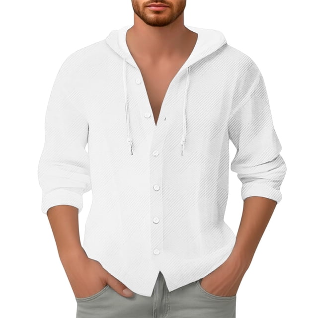 Men Spring Jacket Cardigan Shirt with Button Front Hooded Long Sleeve Jacquard Woven Solid Design for Comfortable Casual Wear