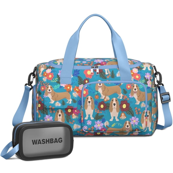 Women Men Gym Bag,Basset Hound Dog and Flower-1 Small Duffle Bag Spend the Night Bags for Women with Shoes Compartment Washbag,Detachable Shoulder Strap,19.7x8.3x11 Inches
