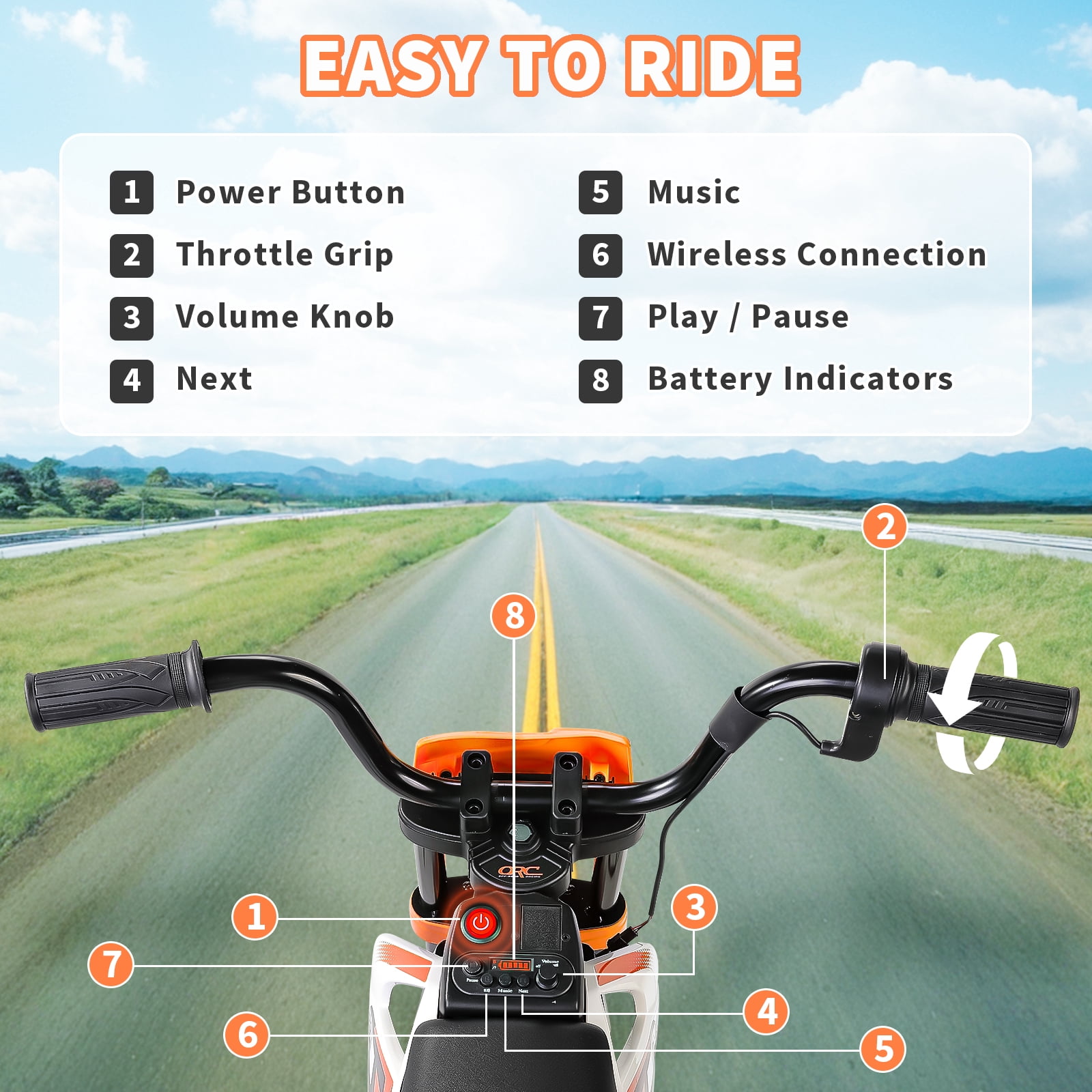 Funcid 12V Electric Dirt Bike with Twist Grip Throttle, Ride on Motorcycle with 2 Training Wheels, Suitable for Ages 3-8, Bluetooth, MP3, Dual Motors, Spring Suspension