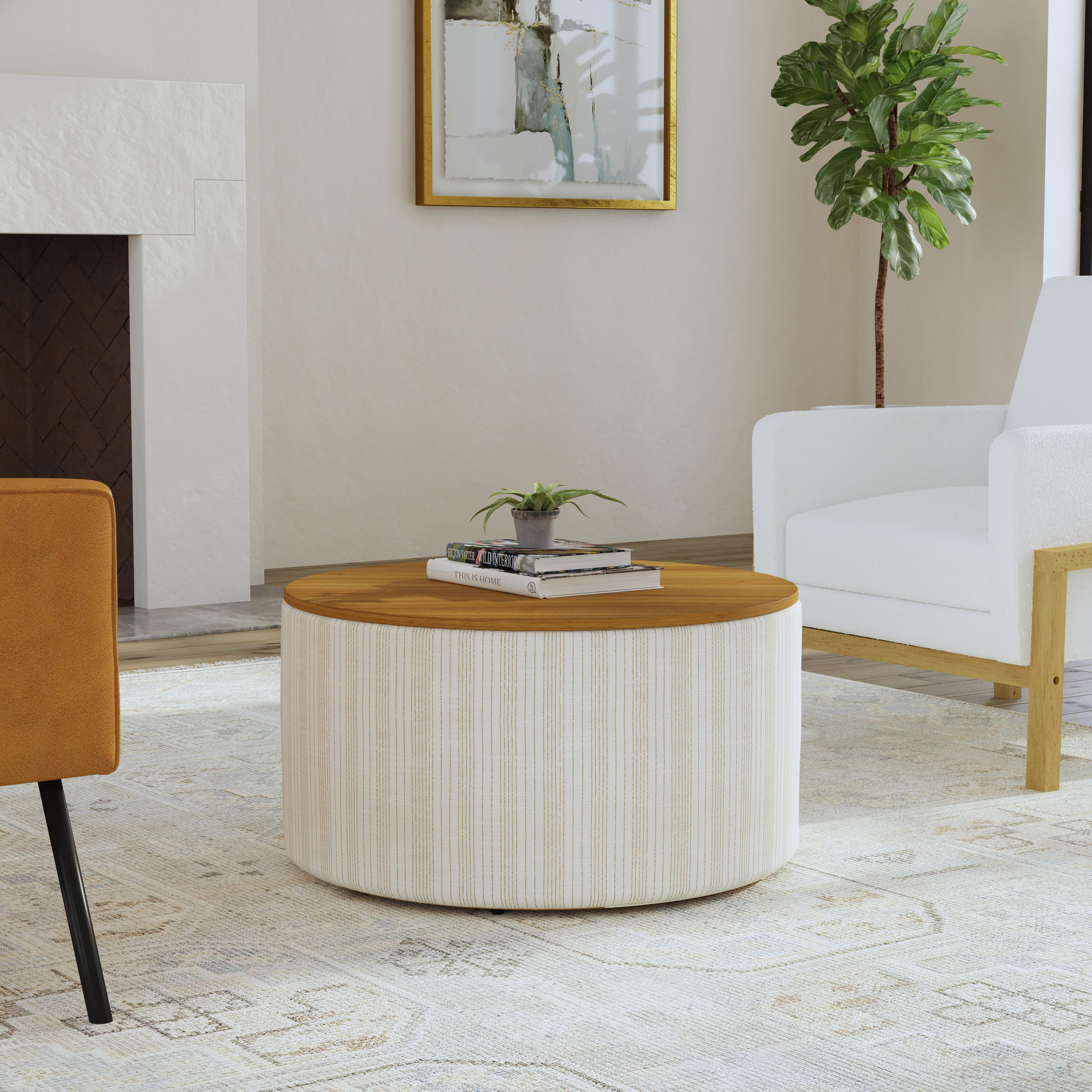 HomePop Large Modern Round Storage Ottoman with Wood Lift-Top Lid, Marigold Pinstripe/Honey Oak