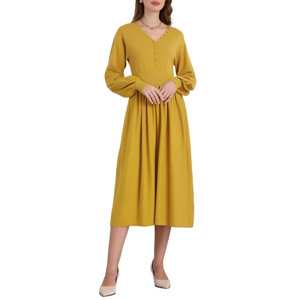 Vestido de suéter A-Line para mujer INSPIRE CHIC 2025 con cuello en V, manga larga, tejido acanalado, talla XL, color amarillo oscuro