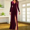 thumbnail image 2 of Velvet Dress for Women Autumn Winter New V-neck Slim Twist High Waist Evening Dress Sexy Solid Color Pleated A-line Dresses, 2 of 5