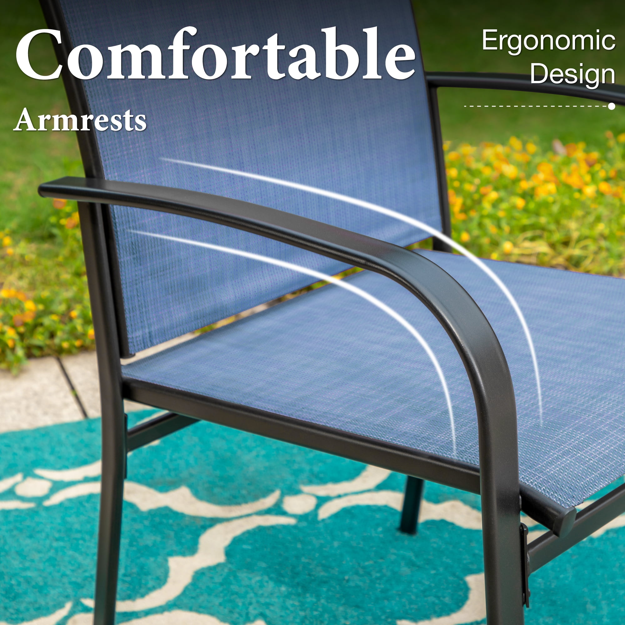 MF Studio 7-Piece Outdoor Patio Dining Set with Rectangle Steel Table & Textilene Chairs for 6-Person, Black & Denim Blue