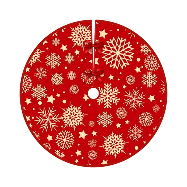F 90Cm Christmas Tree Skirt Polyester Fabric Red Gold Snowflake Star Print For Tree Base Durable Easy To Clean