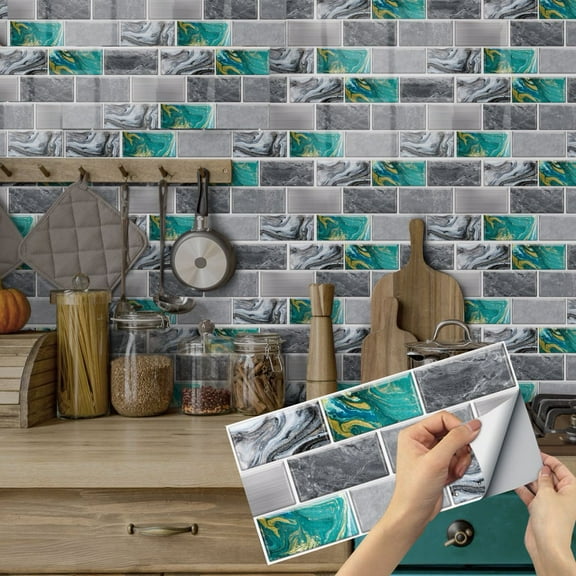 6Pcs Self Adhesive Tile Stickers 11.8x5.9inch Vinyl Marbling Wall Decals DIY Mosaic Brick Waterproof Peel and Stick Backsplash Wallpaper