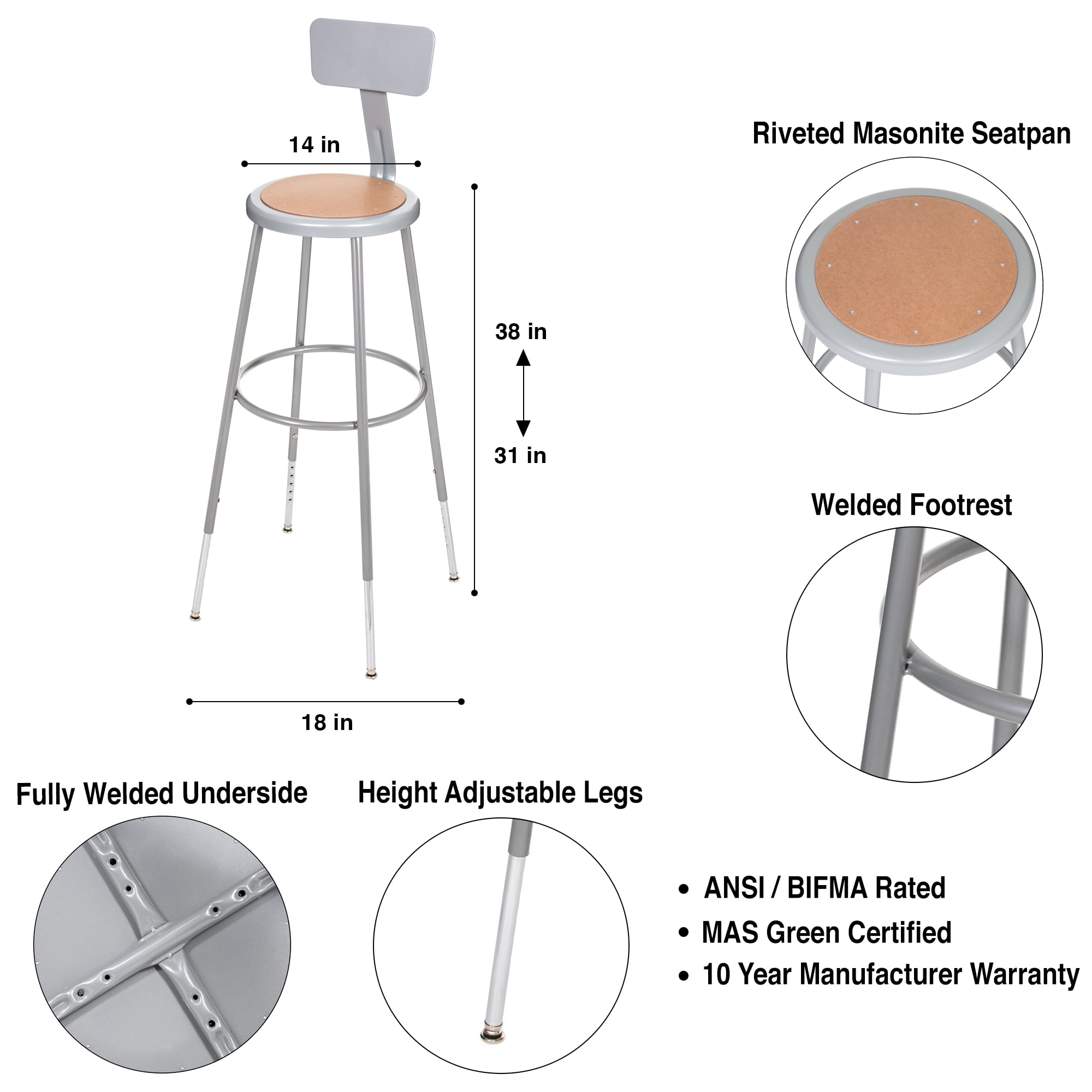 Hampden Furnishings Flynn 32"-39"H Adjustable Masonite/Steel Stool with Backrest, Grey, 2 PK