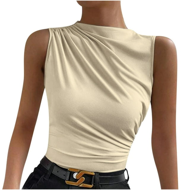 Plebaso Women's Tank Tops High Neck Ruched Sleeveless Shirts Slim Casual Basic Tees Tops for Going Out